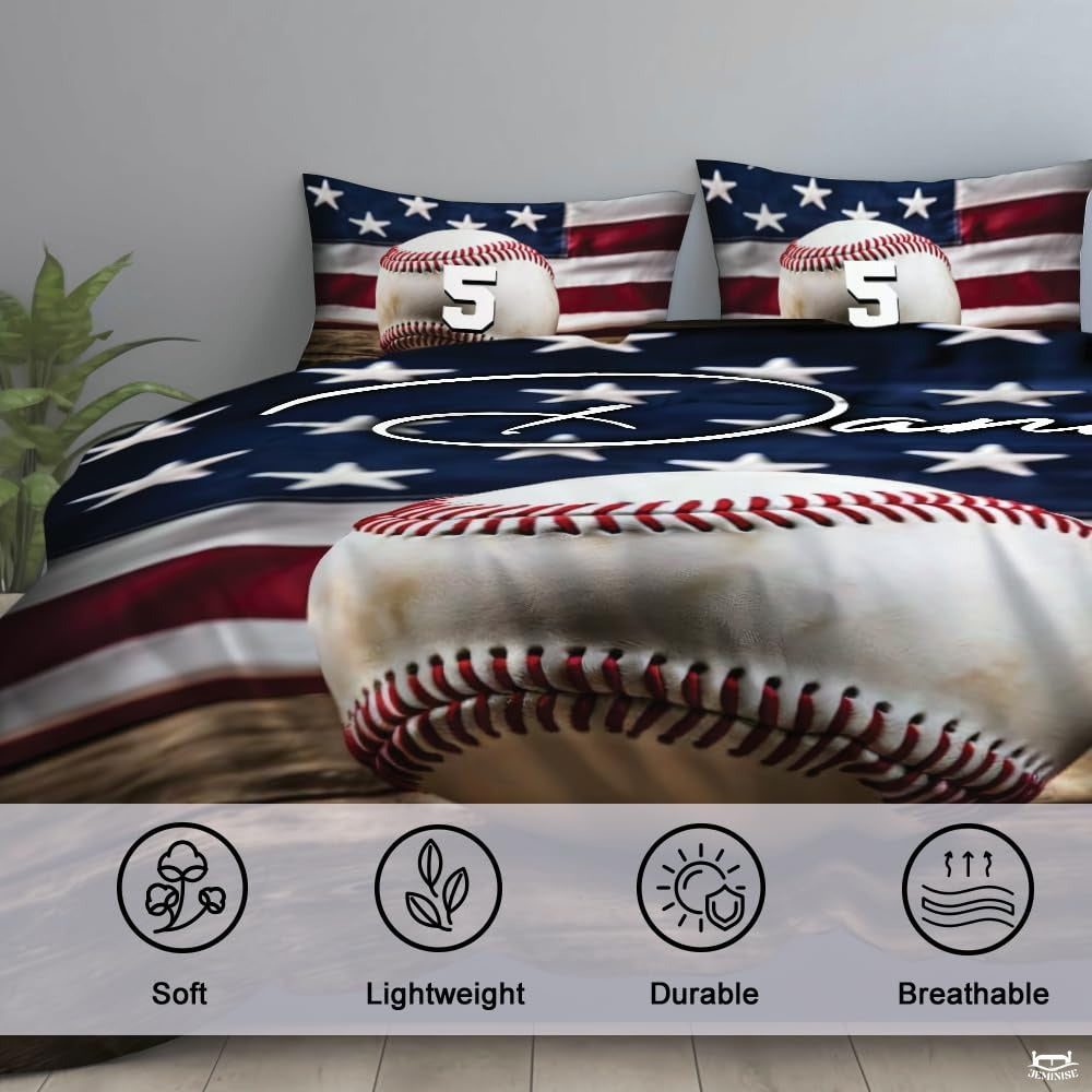 Personalized Baseball Bedding Full Size Flag Custom Name Duvet Cover Set Sport Decor Sports Comforter Bed Set (Baseball Vintage Rustic)