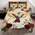 Teal hummingbird with gold wings and burgundy roses on cream bedding art