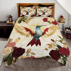 Teal hummingbird with gold wings and burgundy roses on cream bedding art