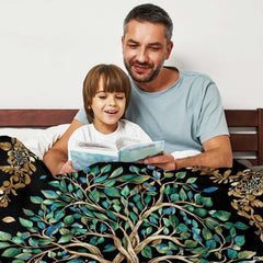 Tree of Life teal and gold throw blanket draped across living room sofa