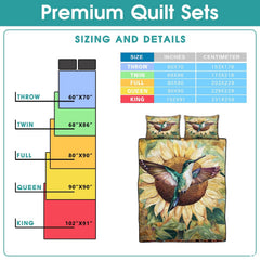 Full teal hummingbird and cream sunflower design beside a reference chart
