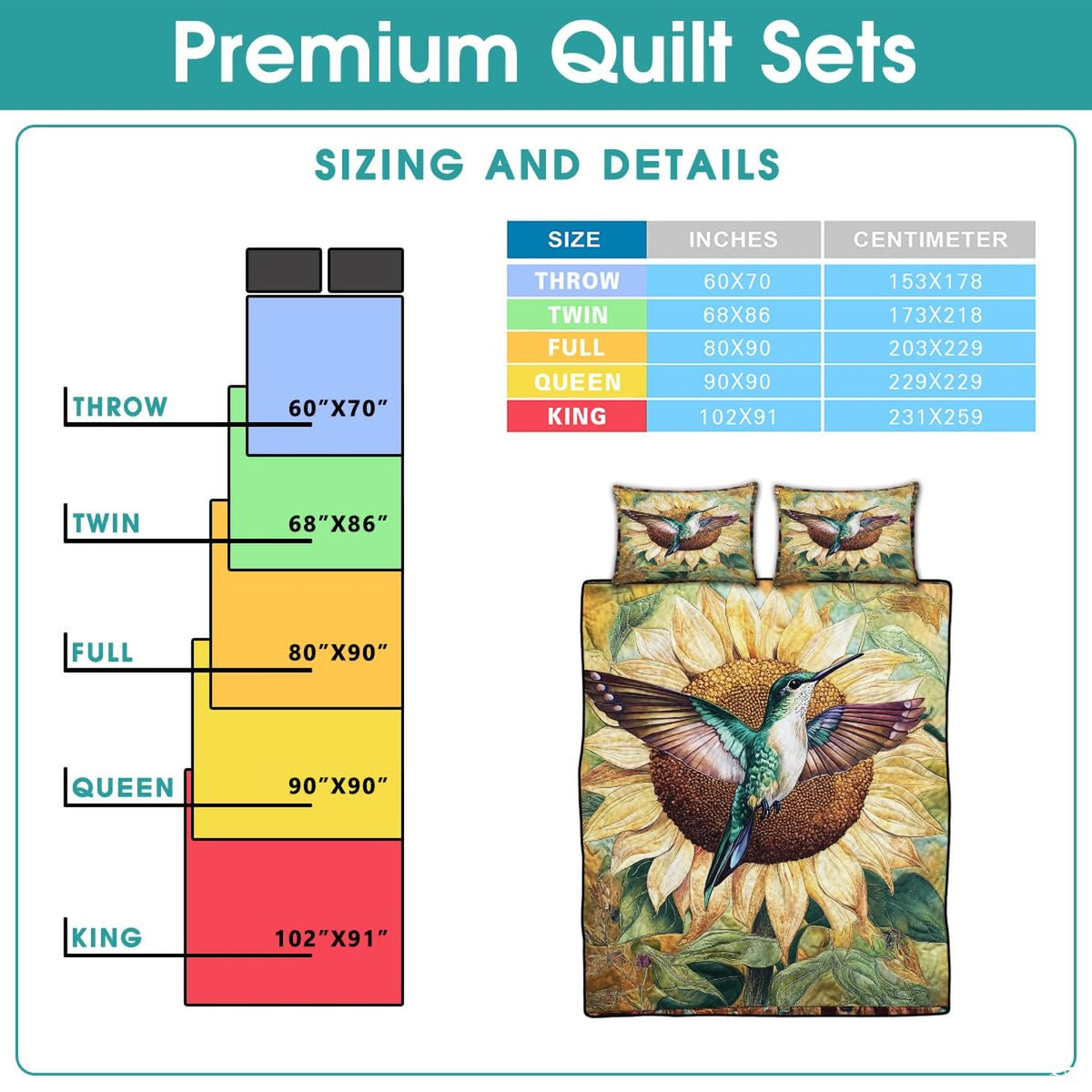 Full teal hummingbird and cream sunflower design beside a reference chart