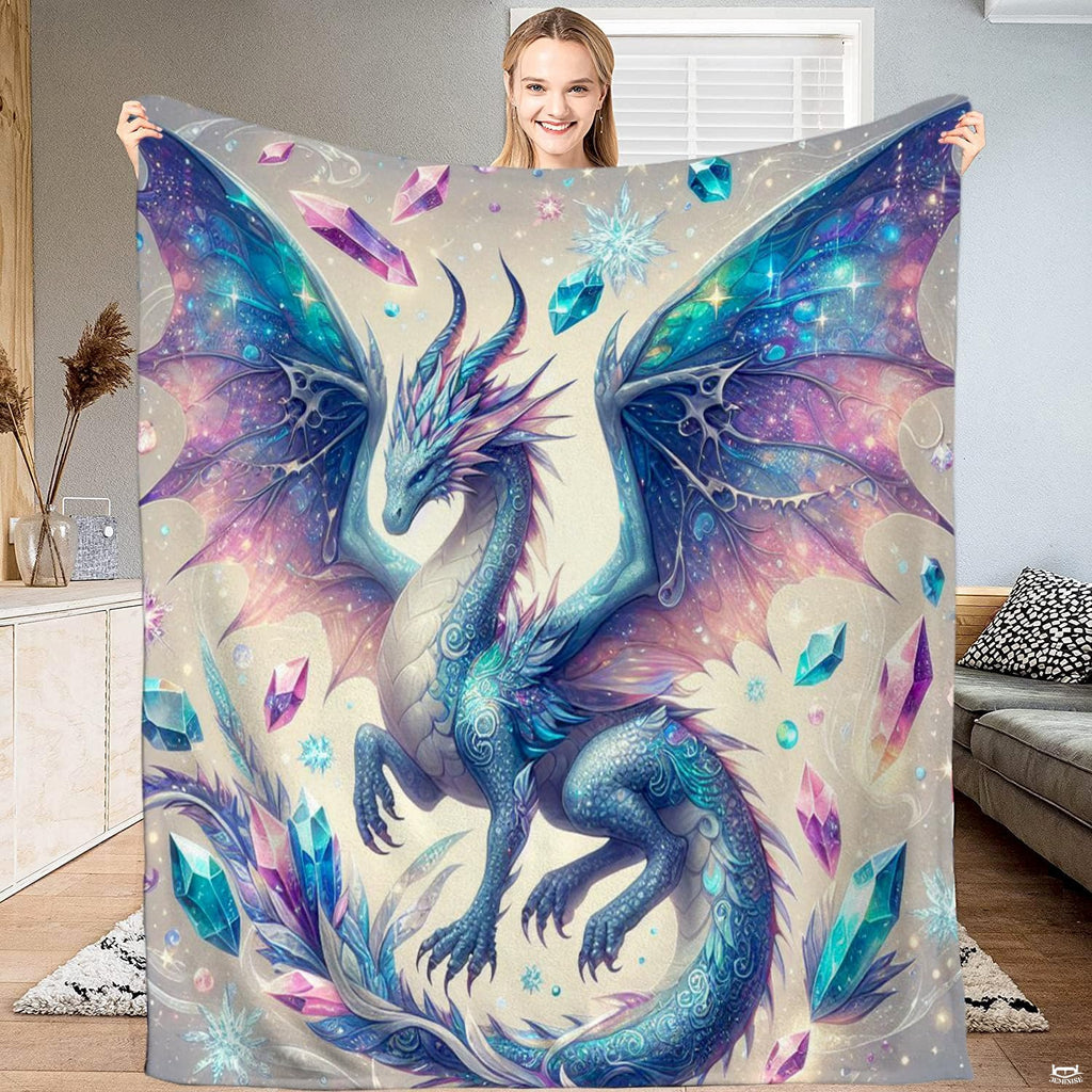 Mystical bedding set showcasing an ornate crystalline ice dragon with sprawling cosmic wings in cobalt and turquoise.
