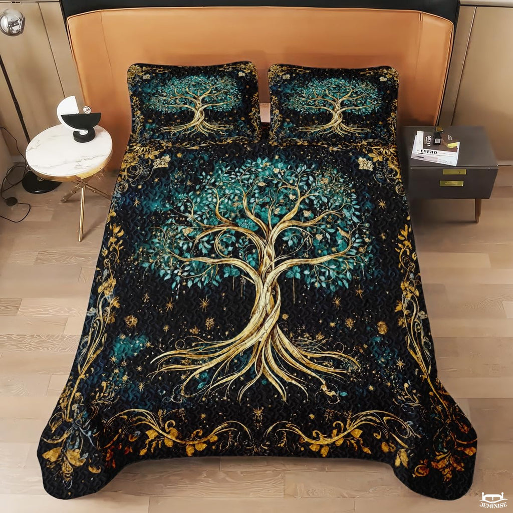 Fantasy Nature Tree of Life Quilt Set with Entwined Golden Roots And Bedroom Setting