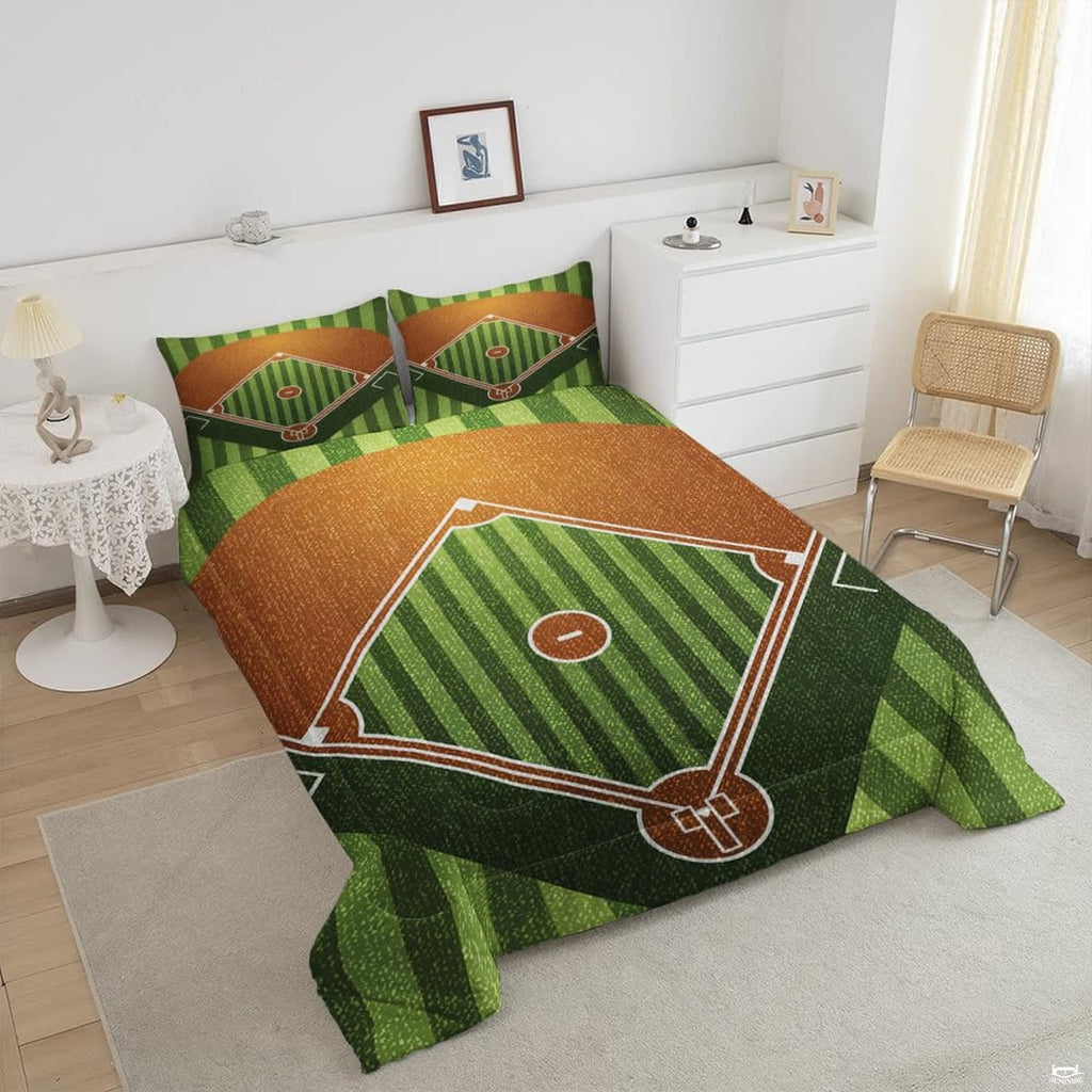 Close-up perspective of baseball bedding highlighting olive green helmet illustration and ball lacing accents