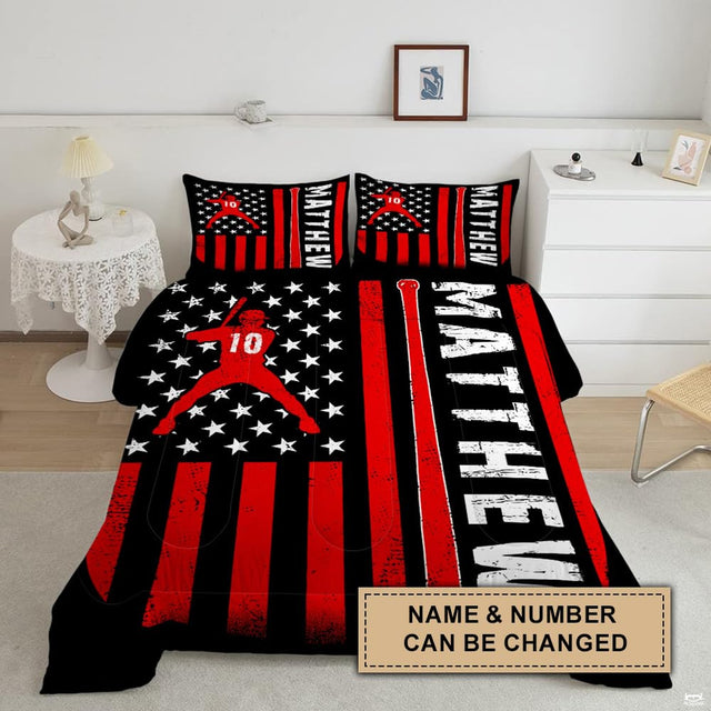 Close-up view of baseball bedding detailing crisp white stars and distressed red flag stripes on deep midnight background