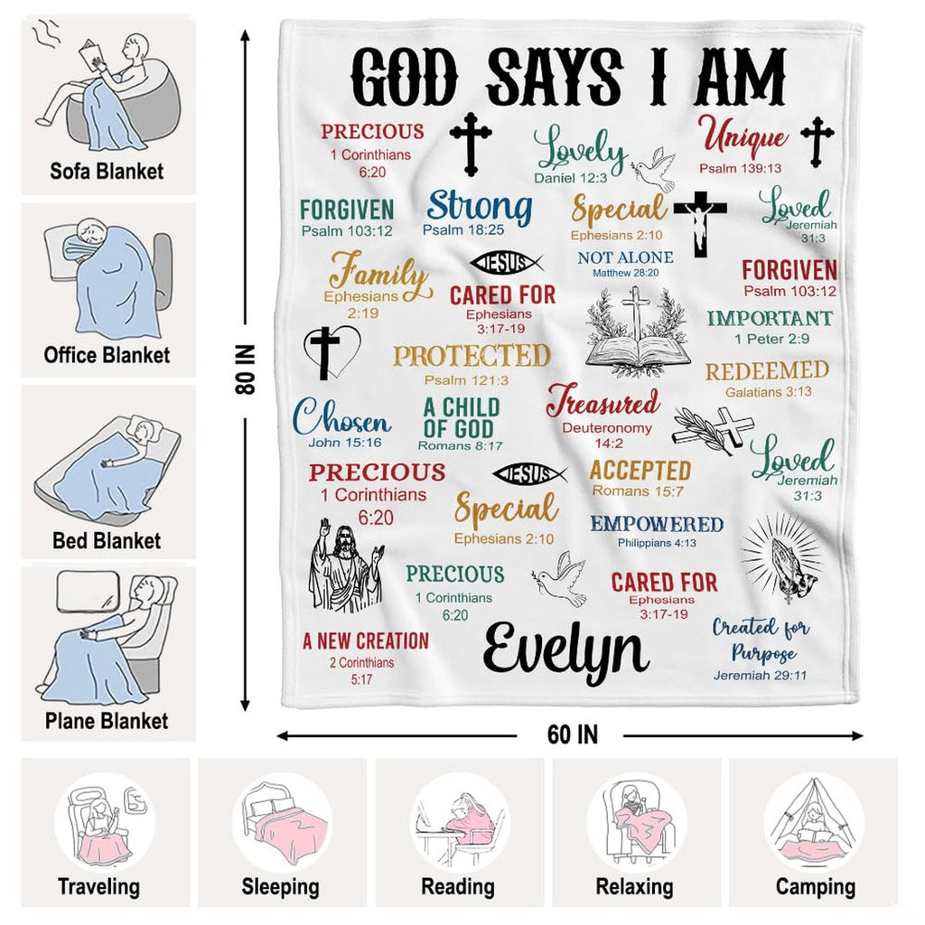 Detailed perspective of the open Bible, flying dove, and praying hands line illustrations on the throw blanket