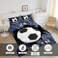 Close-up perspective of soccer player silhouette bedding showing detailed player graphics and ball panels