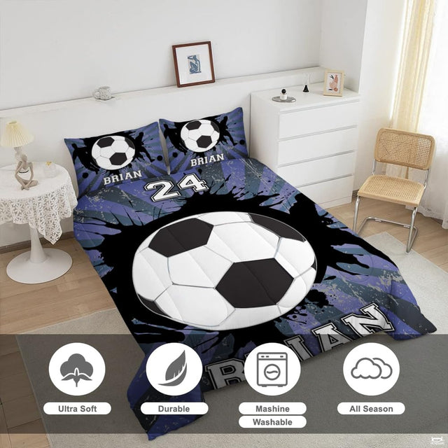 Close-up perspective of soccer player silhouette bedding showing detailed player graphics and ball panels