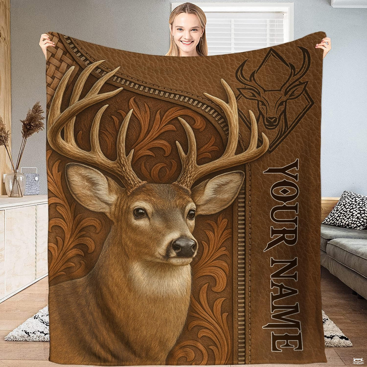 Whitetail buck western scrollwork blanket featuring deer portrait and carved floral scrollwork.