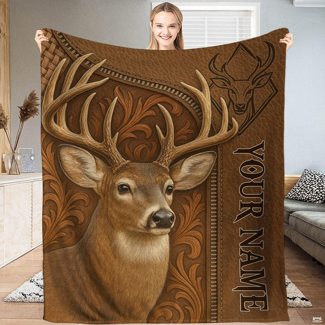 Whitetail buck western scrollwork blanket featuring deer portrait and carved floral scrollwork.