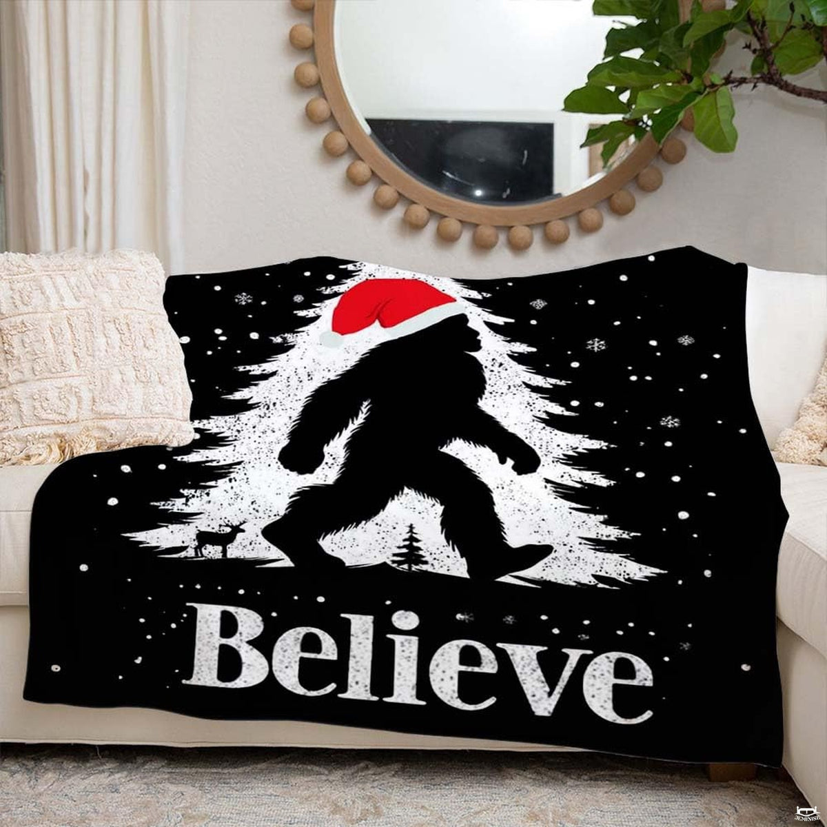 Christmas Bigfoot throw blanket view 6 highlighting Santa hat silhouette, falling snow, and festive tree