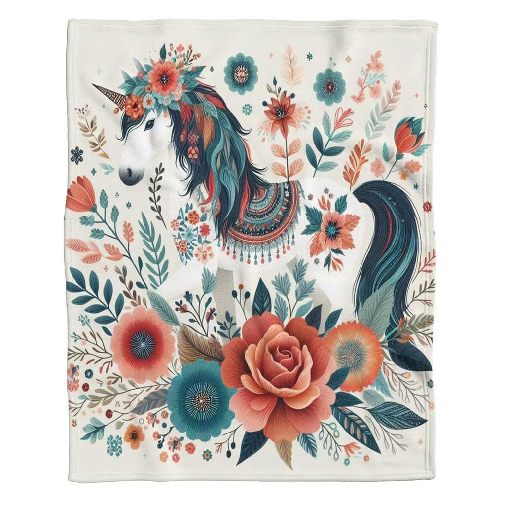 Close-up perspective of unicorn floral crown and decorative folk saddle on blanket