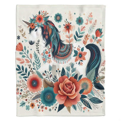 Close-up perspective of unicorn floral crown and decorative folk saddle on blanket