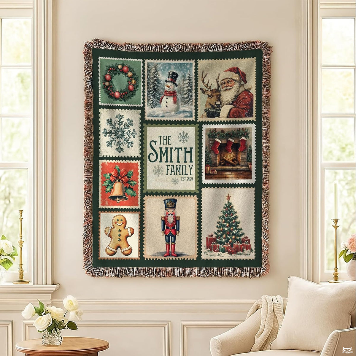 Nostalgic holiday postage stamp throw blanket draped across living room sofa