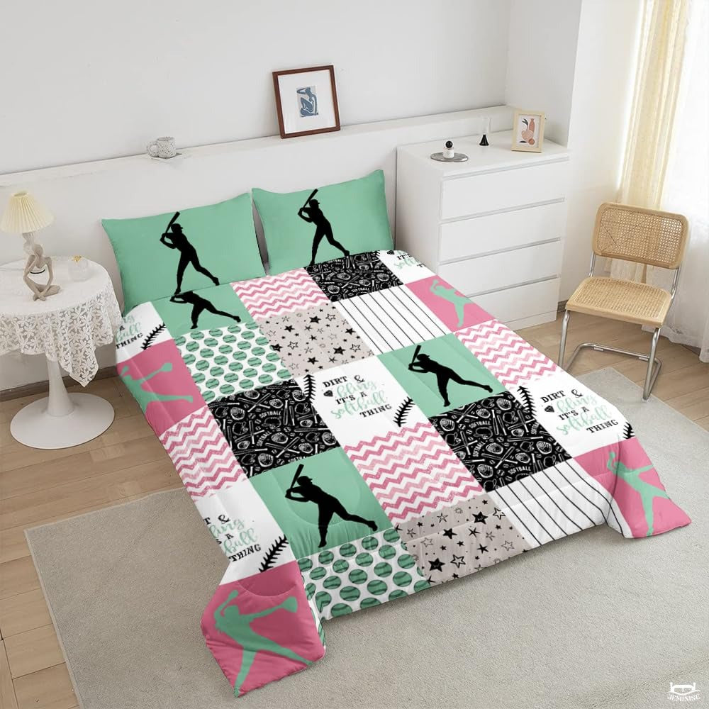 Softball Lover Teal Yellow Bedding – Stylish Sports Theme Comforter for Girls, Women & Teens, Perfect Softball Bedroom Decor in Twin/Queen/King