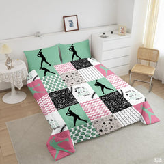 Softball patchwork grid athlete bedding with player silhouettes - view 2