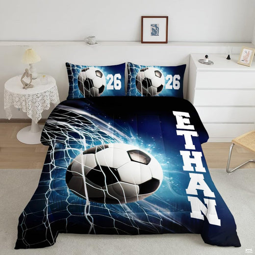 Royal navy blue soccer cleats field bedding set displayed neatly on a bed in a sporty room