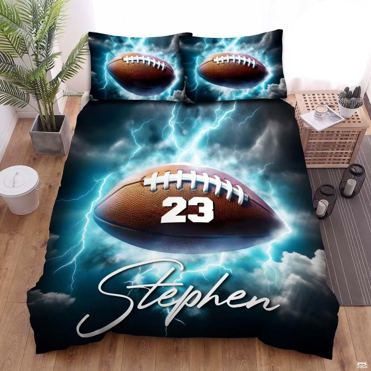 Electric lightning football bedding featuring textured football with number 23 surrounded by glowing cyan lightning bolts