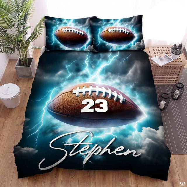 Electric lightning football bedding featuring textured football with number 23 surrounded by glowing cyan lightning bolts
