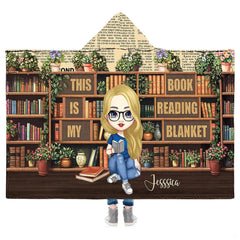 Book reading girl and library bookshelf blanket front display