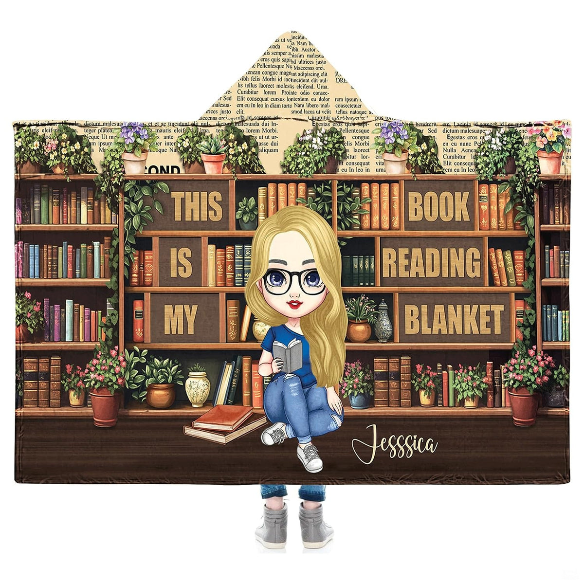 Book reading girl and library bookshelf blanket front display