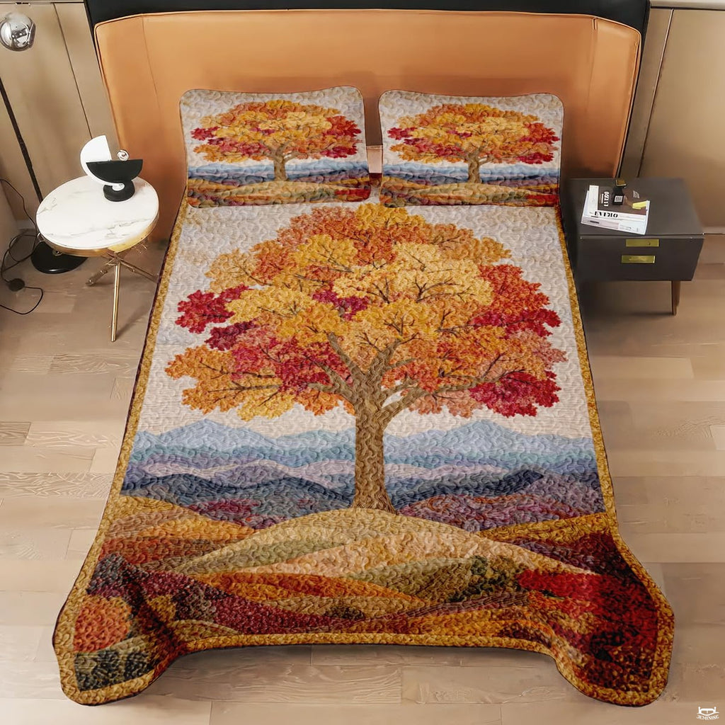 Side perspective of vintage maple leaf bedding set accentuating seasonal botanical artwork in natural bedroom lighting.