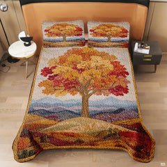 Side perspective of vintage maple leaf bedding set accentuating seasonal botanical artwork in natural bedroom lighting.