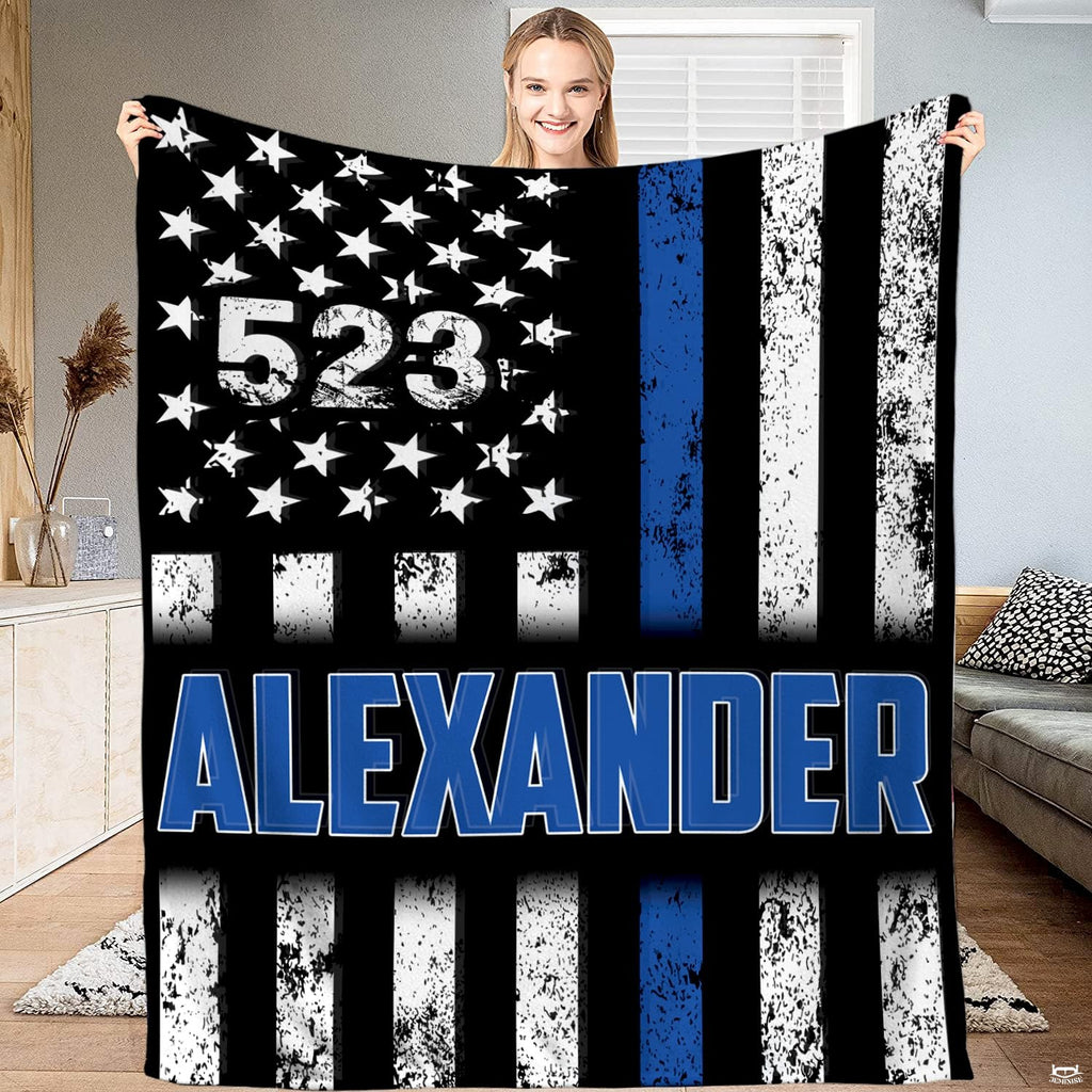 Thin blue line meaning visual motif on distressed black and white American flag background.