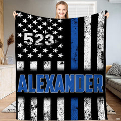 Thin blue line meaning visual motif on distressed black and white American flag background.