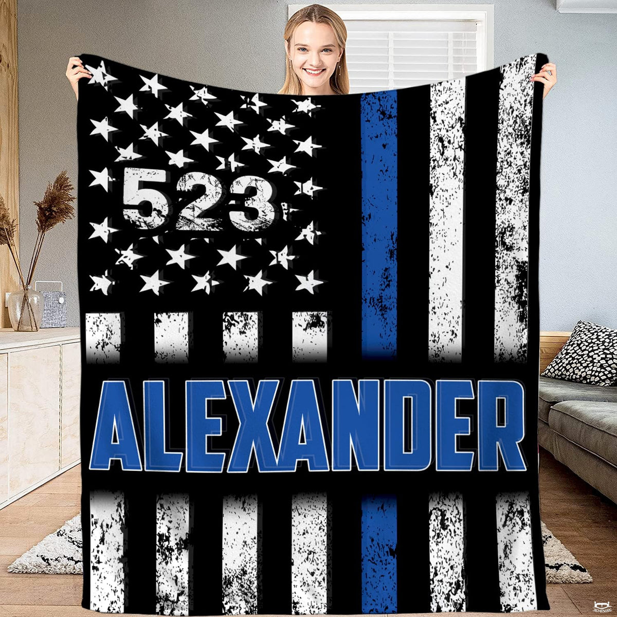 Thin blue line meaning visual motif on distressed black and white American flag background.
