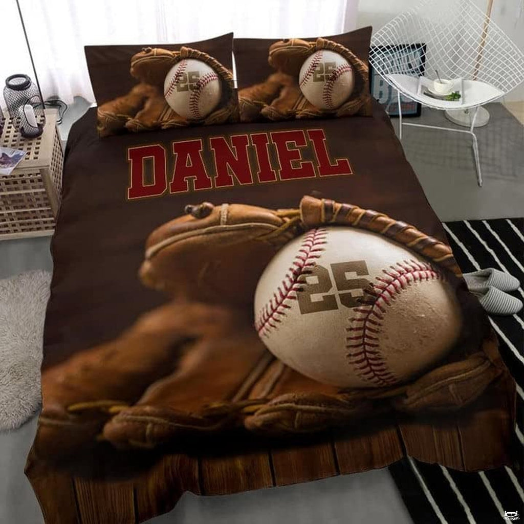 Close-up view of baseball bedding highlighting detailed red curved laces, ball panels, and typography