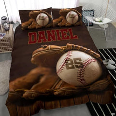 Close-up view of baseball bedding highlighting detailed red curved laces, ball panels, and typography