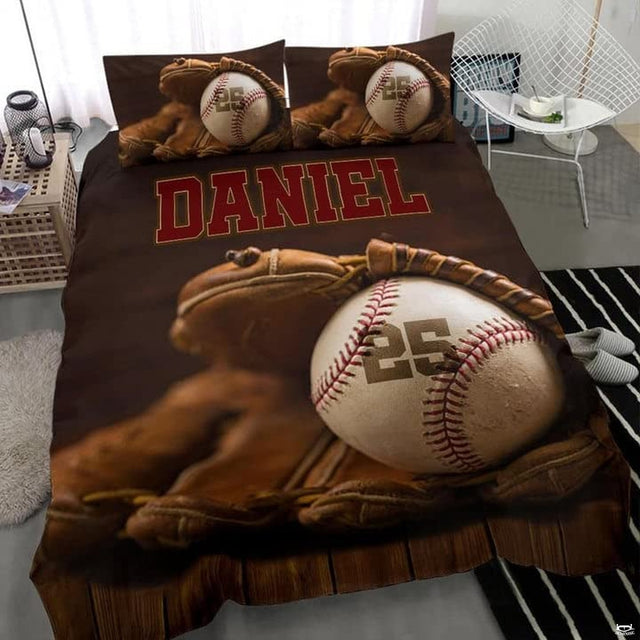 Close-up view of baseball bedding highlighting detailed red curved laces, ball panels, and typography