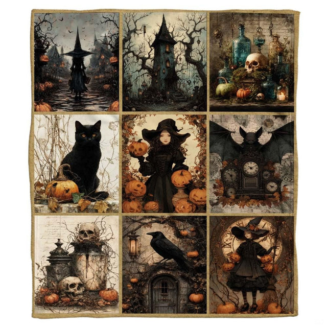 Gothic Halloween bedding set display showcasing nine-panel dark fantasy artwork with witches and pumpkins