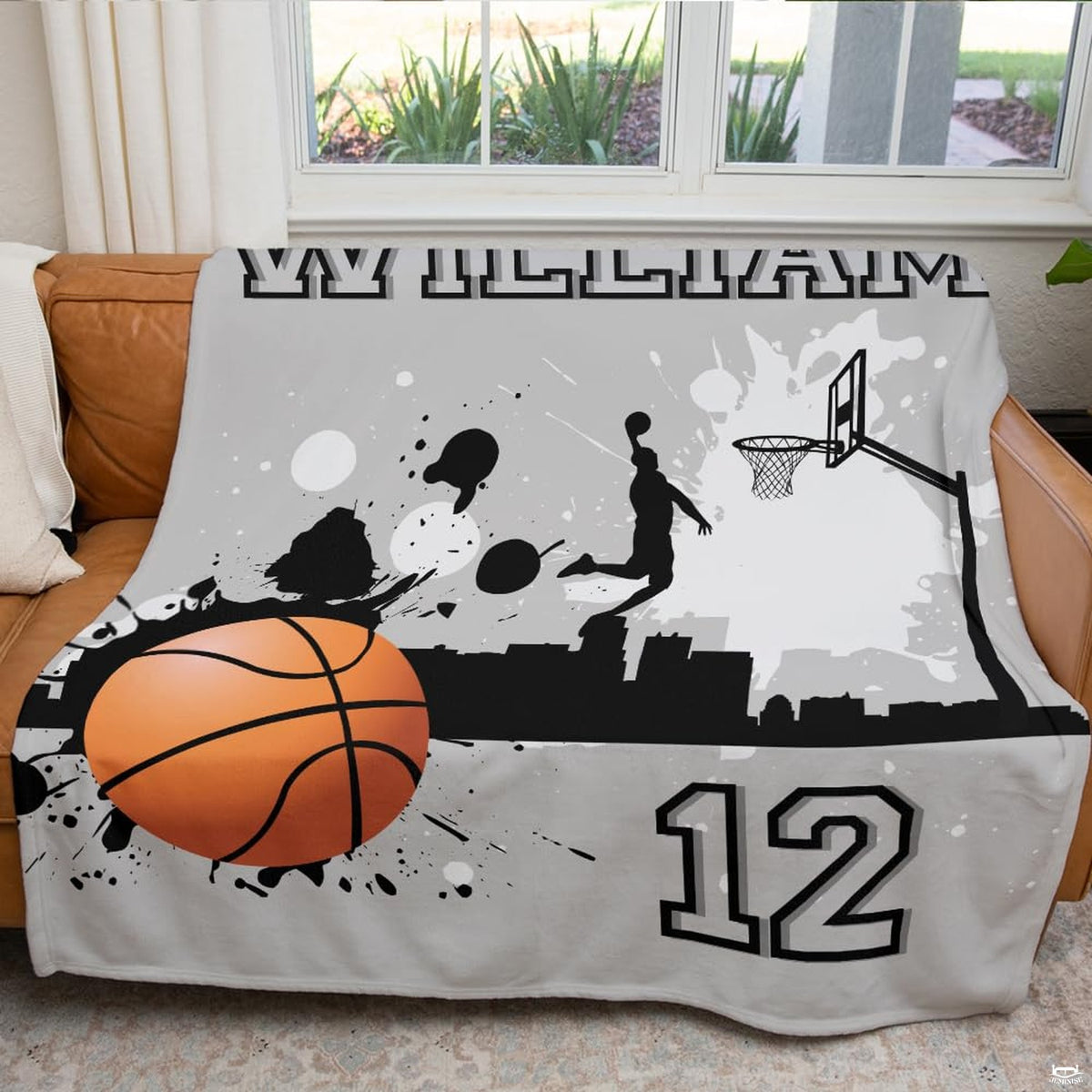 Stylized sports room setting highlighted by bold orange basketball graphic decor