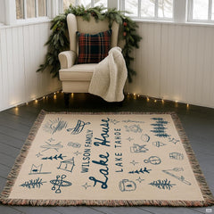 Lake house design with navy camping doodles, canoe, campfire, and pine trees, view 5.