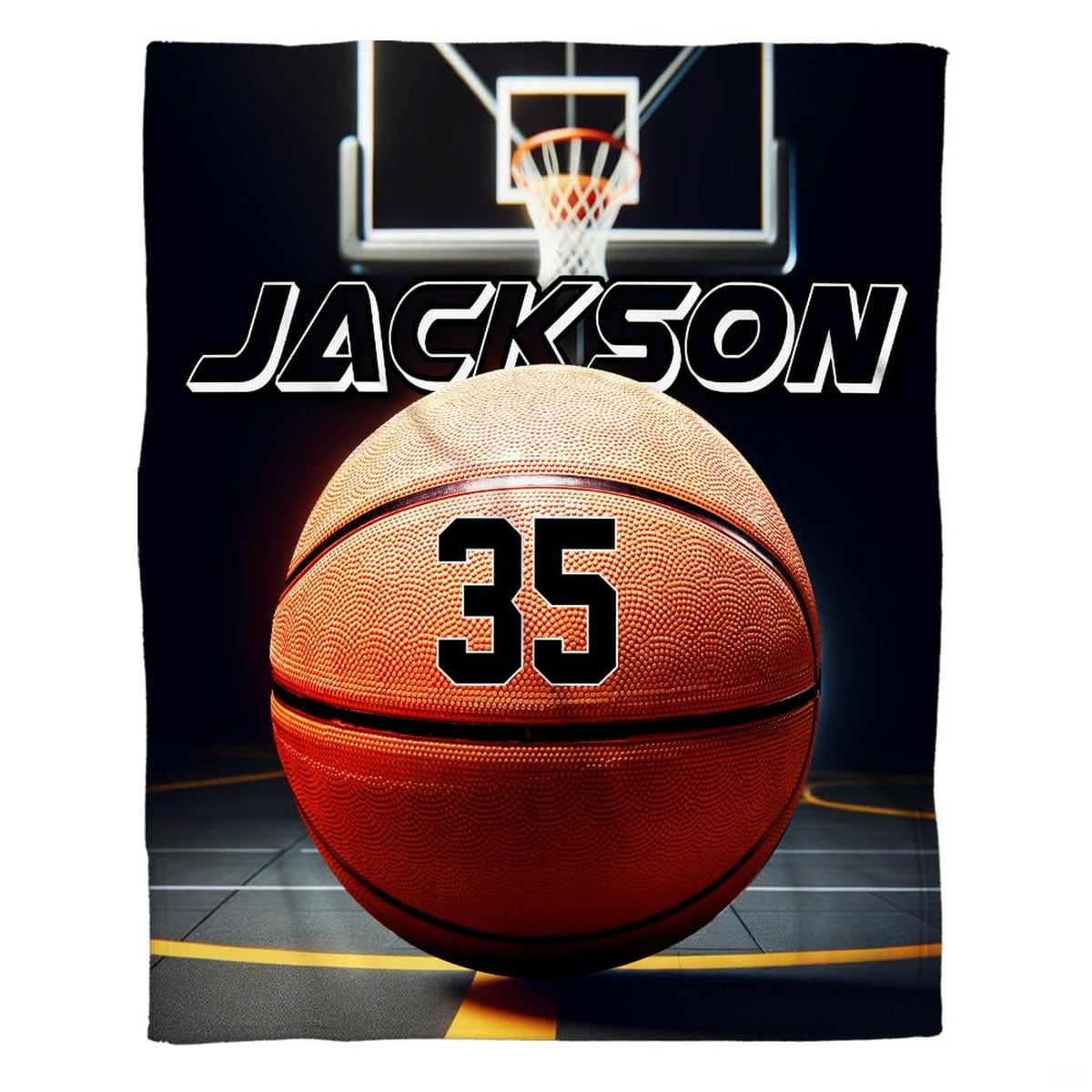 Basketball bedding displaying textured ball on polished indoor hardwood court with dramatic overhead spotlights.