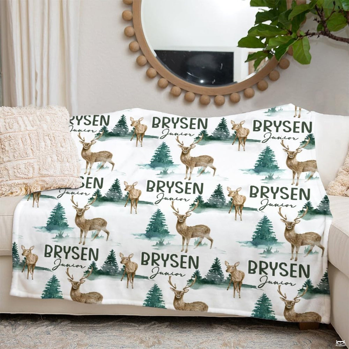 Serene bedroom retreat featuring nature-inspired wildlife and forest tree bedding.