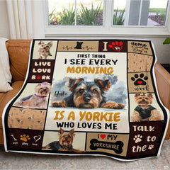 Yorkshire Terrier collage blanket arranged across living room sofa.