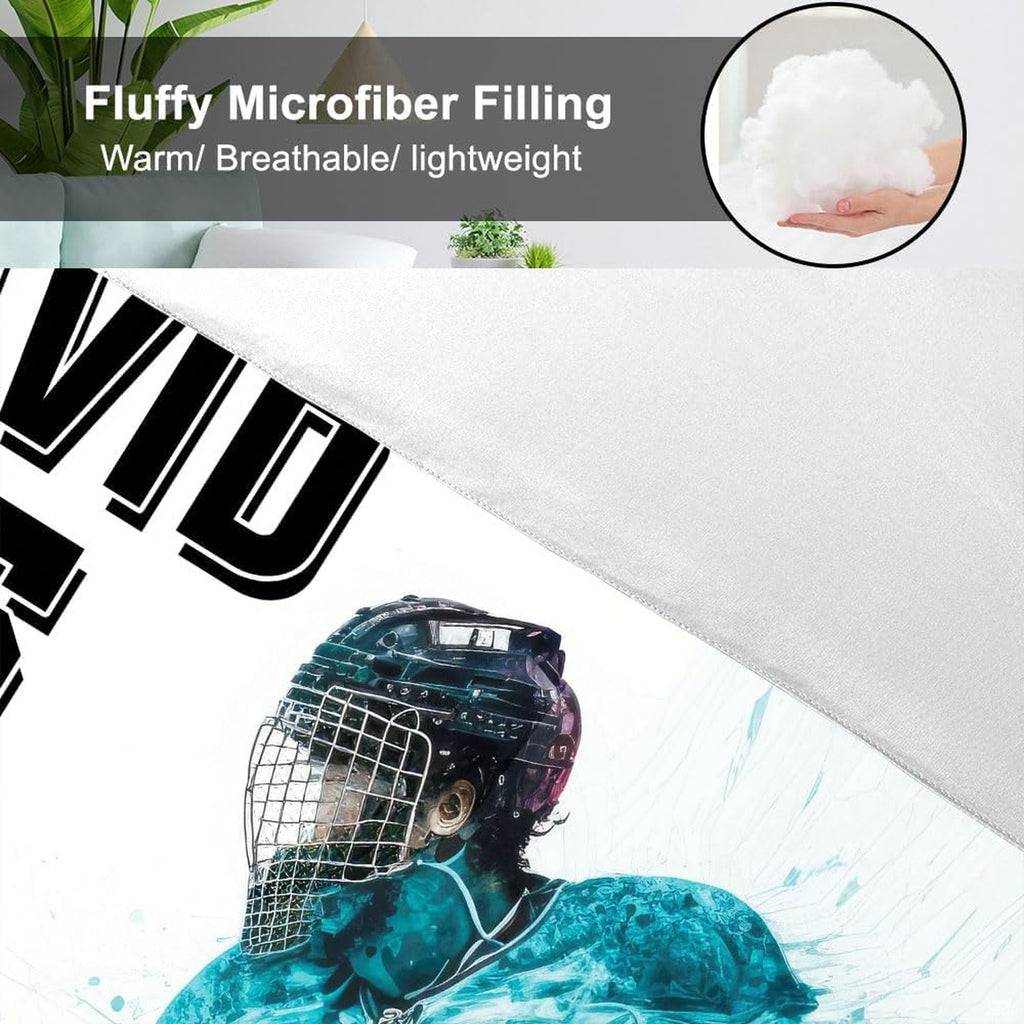 Matching pillow sham detail for ice hockey bedding set displaying coordinated skater print on white