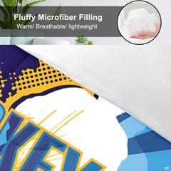 Matching pillow sham detail for hockey bedding set displaying skater graphics in bedroom setting