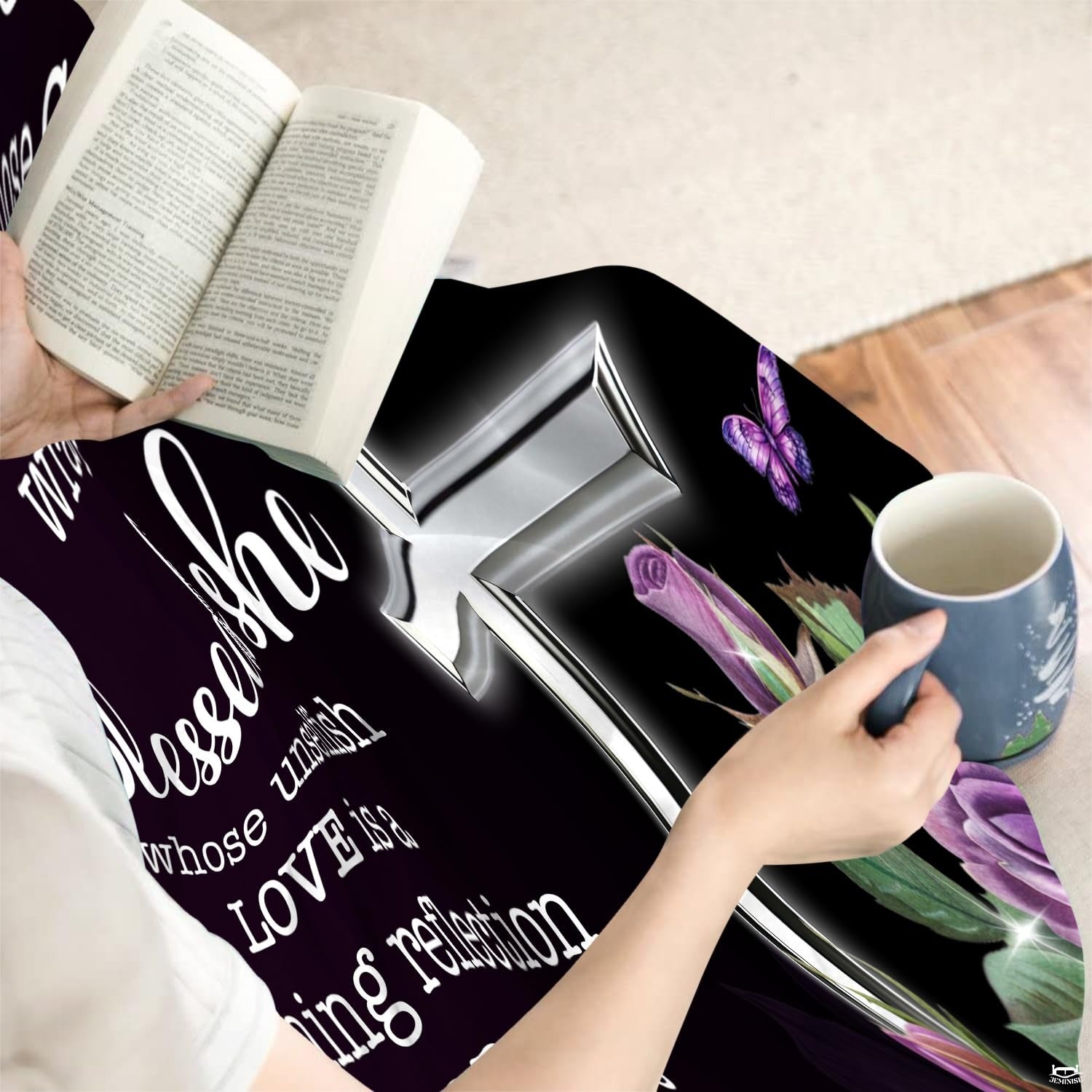 Custom Purple Floral Christian Cross Blanket, Machine Washable