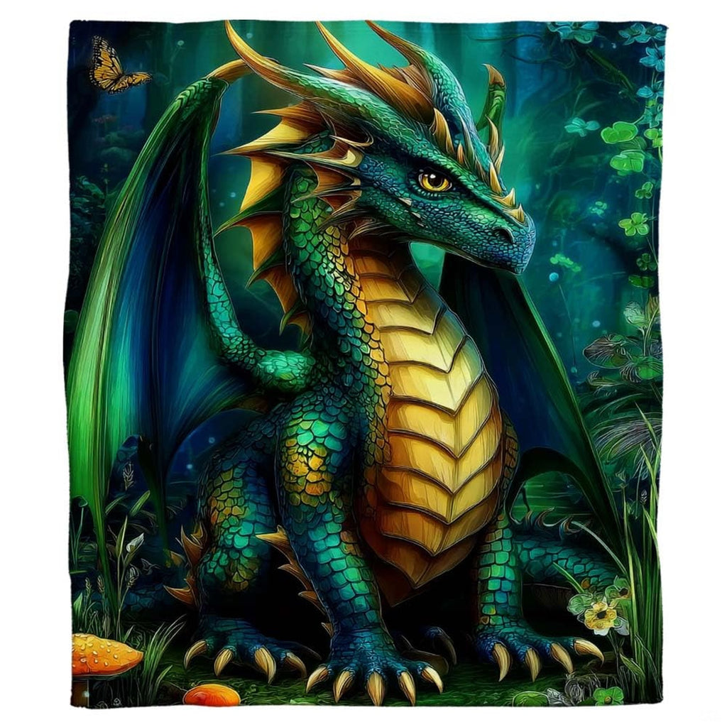 Decorative display of the dragon illustration featuring glowing yellow eyes and radiant fantasy landscape art.