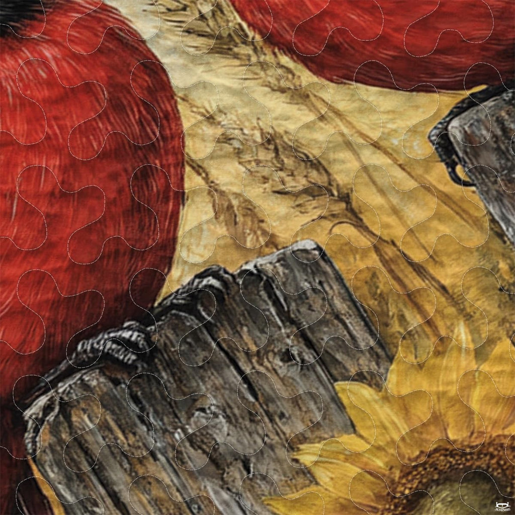 Close-up perspective of cardinal bedding highlighting scarlet songbird plumage, sunflower petals, and leaves