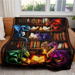Living room sofa setting displaying the fantasy dragons bookshelf throw blanket draped over furniture.