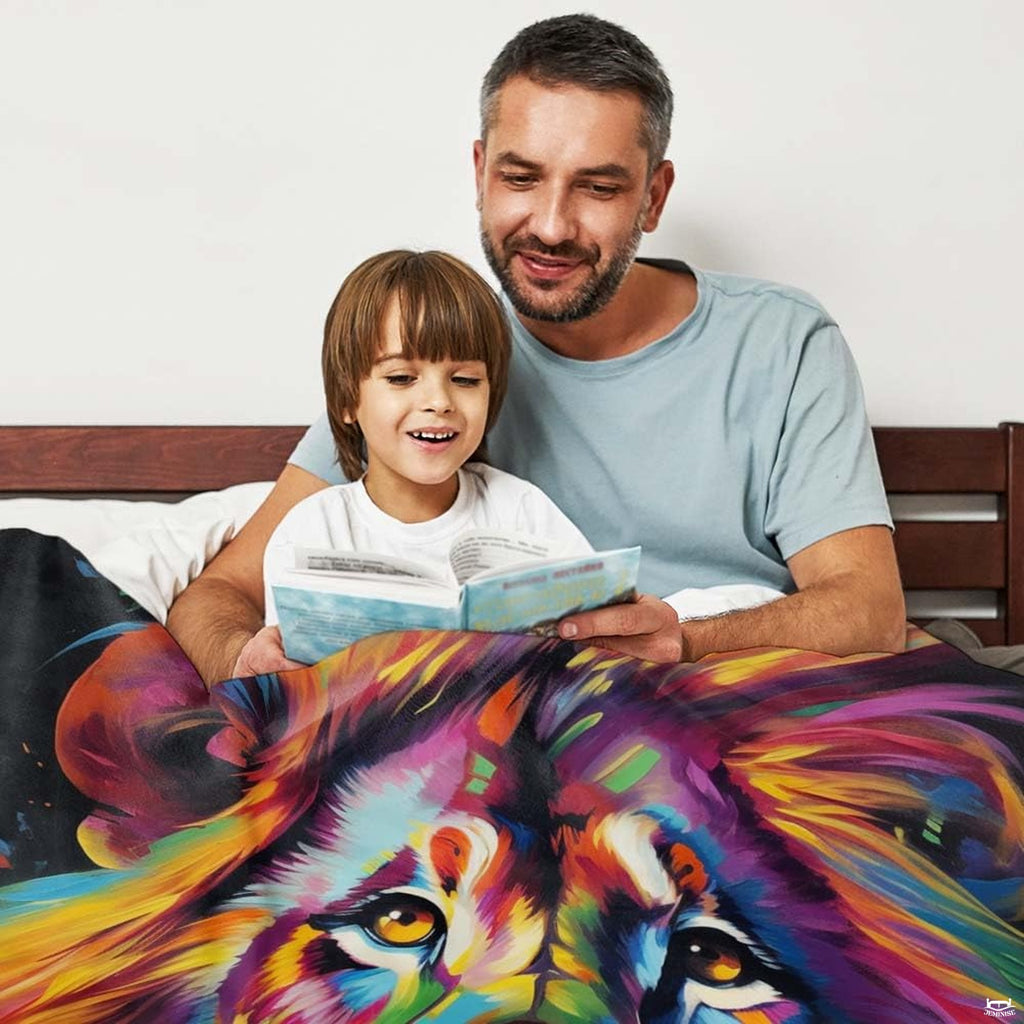 Close-up of multicolored lion head artwork with expressive turquoise, purple, and golden amber brushwork.