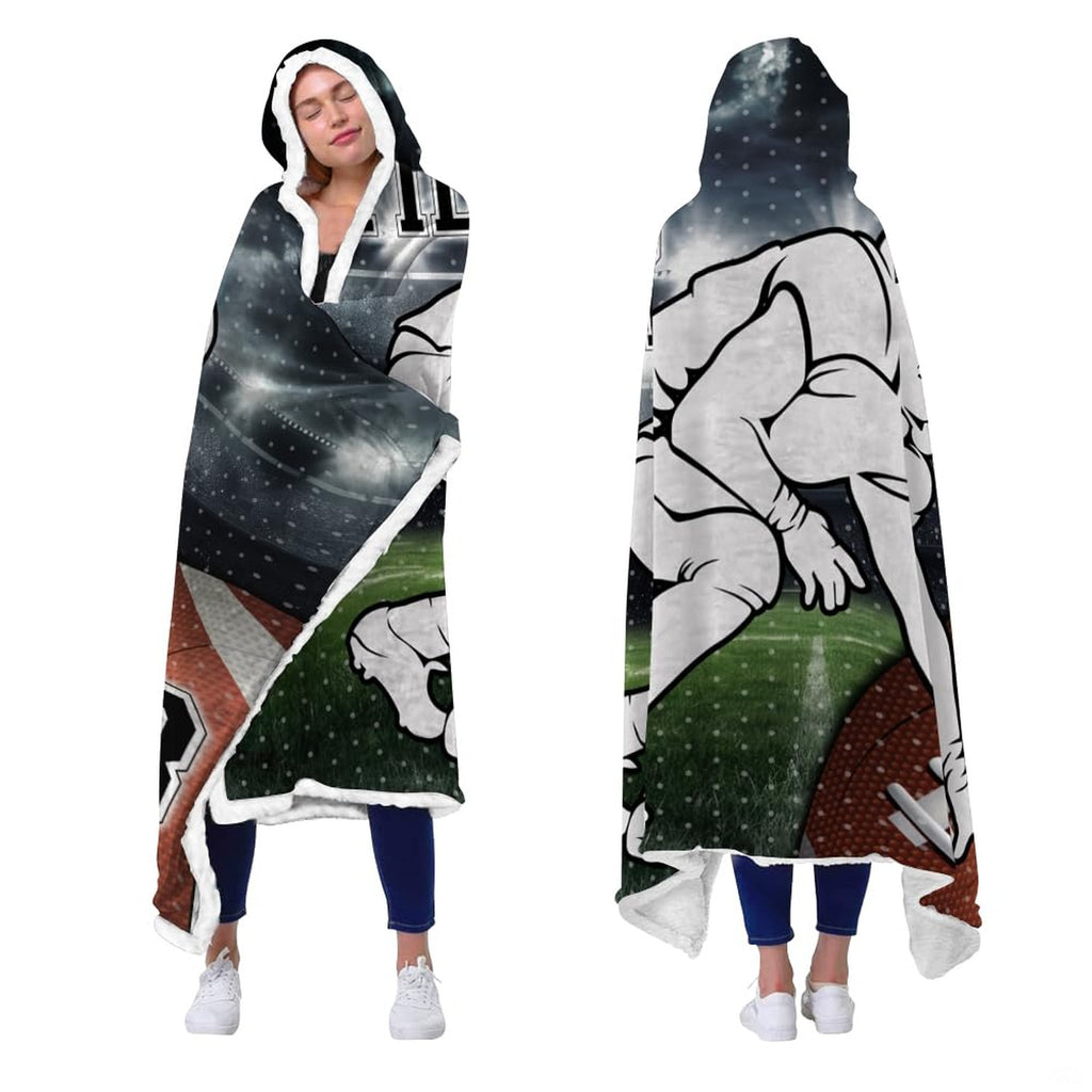 Football lineman stadium throw blanket held open showing night arena floodlights and gridiron player