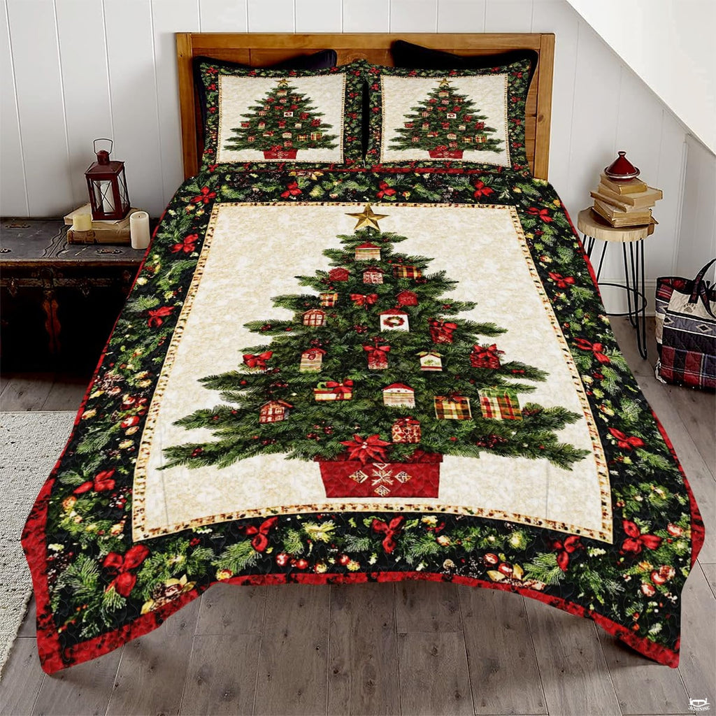 Evergreen wreath and snowman holiday bedding set displayed on a bed in a festive winter bedroom
