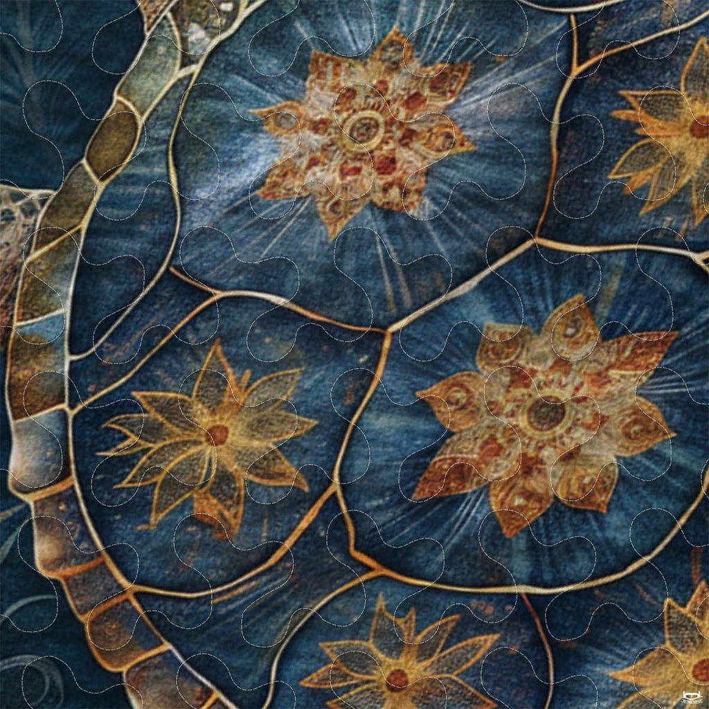 Close-up view of turtle bedding showcasing intricate Polynesian tribal motifs and terracotta tones